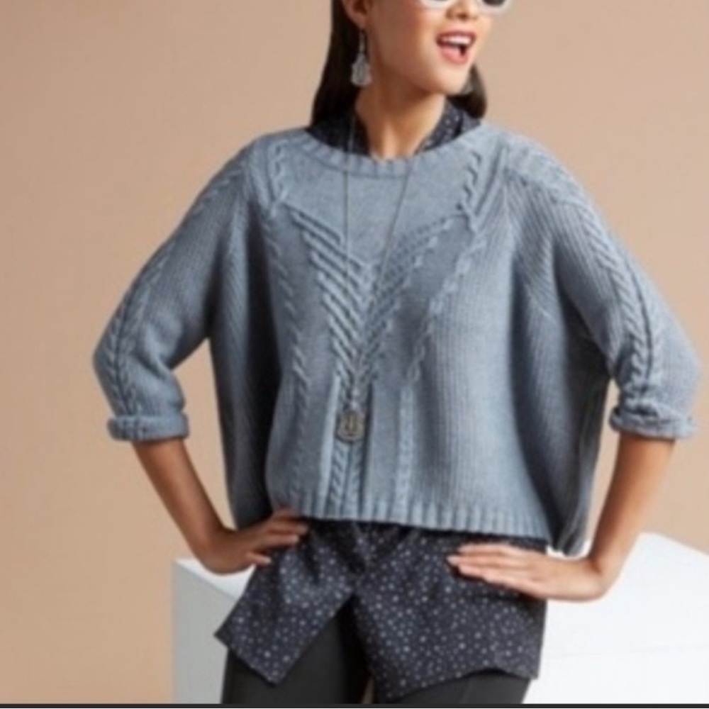 CAbi Dusty Blue Scoop-Neck Cable Sweater